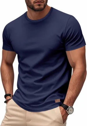 WENKOMG1 Mens Round Neck T-Shirt Quick Dry Solid Color Basic Summer Workout Gym Shirt