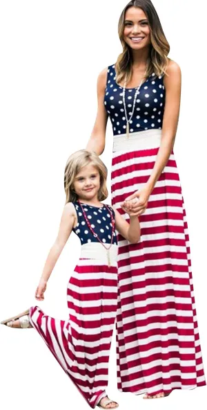WIWIQS Summer Cute Mommy and Me Boho Striped Chevron Maxi Dresses