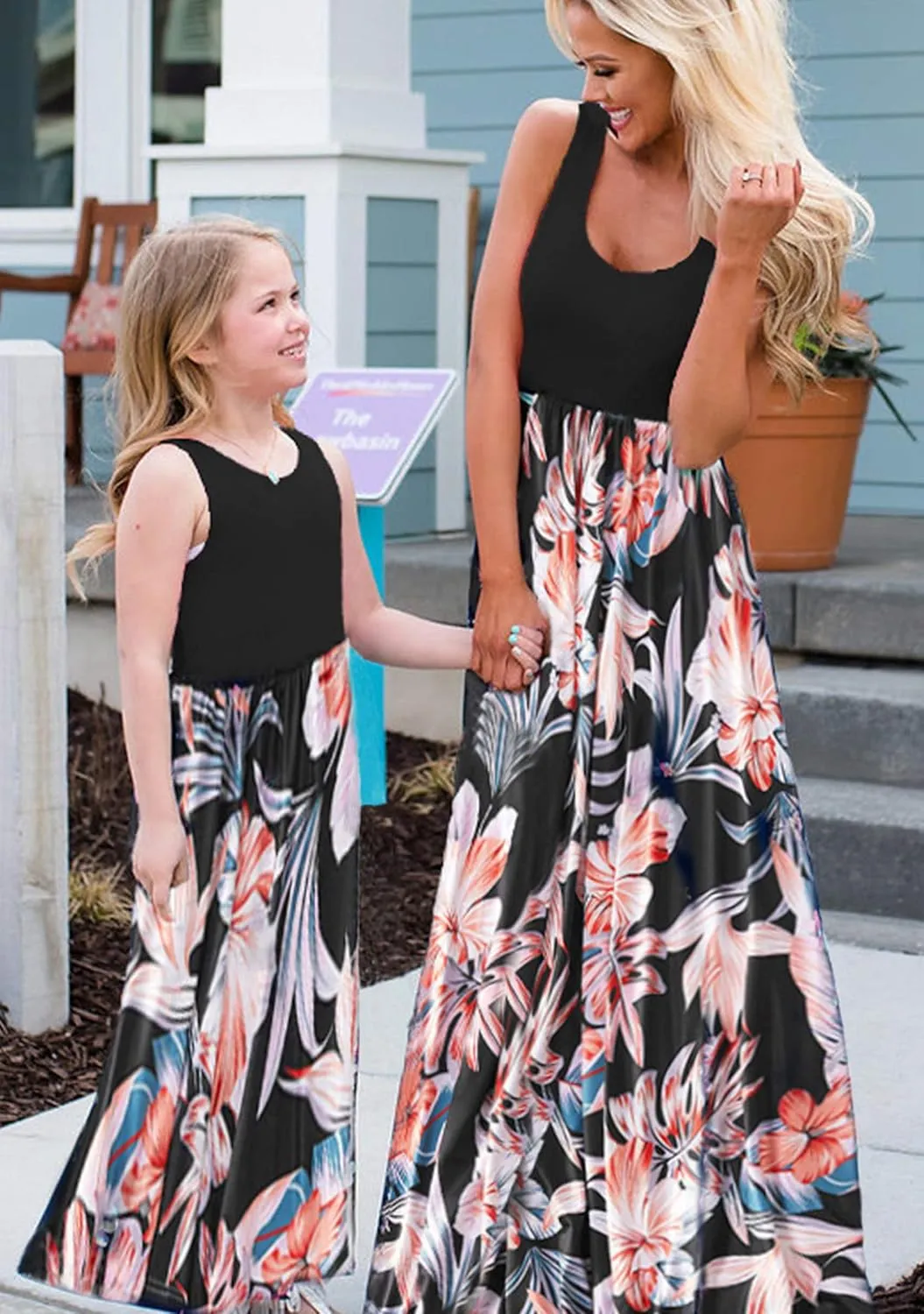 WIWIQS Summer Cute Mommy and Me Boho Striped Chevron Maxi Dresses