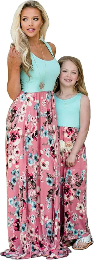 WIWIQS Summer Cute Mommy and Me Boho Striped Chevron Maxi Dresses