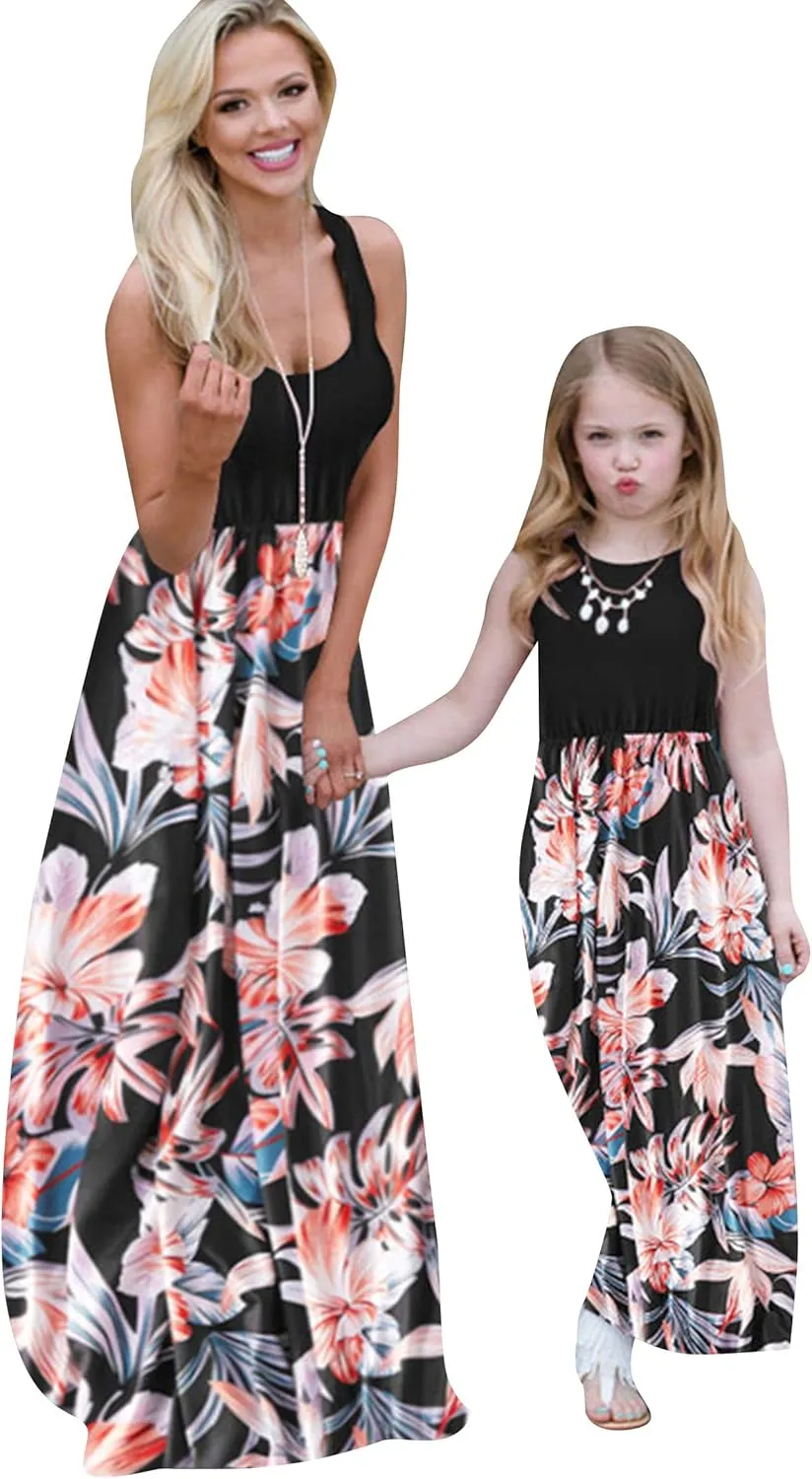 WIWIQS Summer Cute Mommy and Me Boho Striped Chevron Maxi Dresses