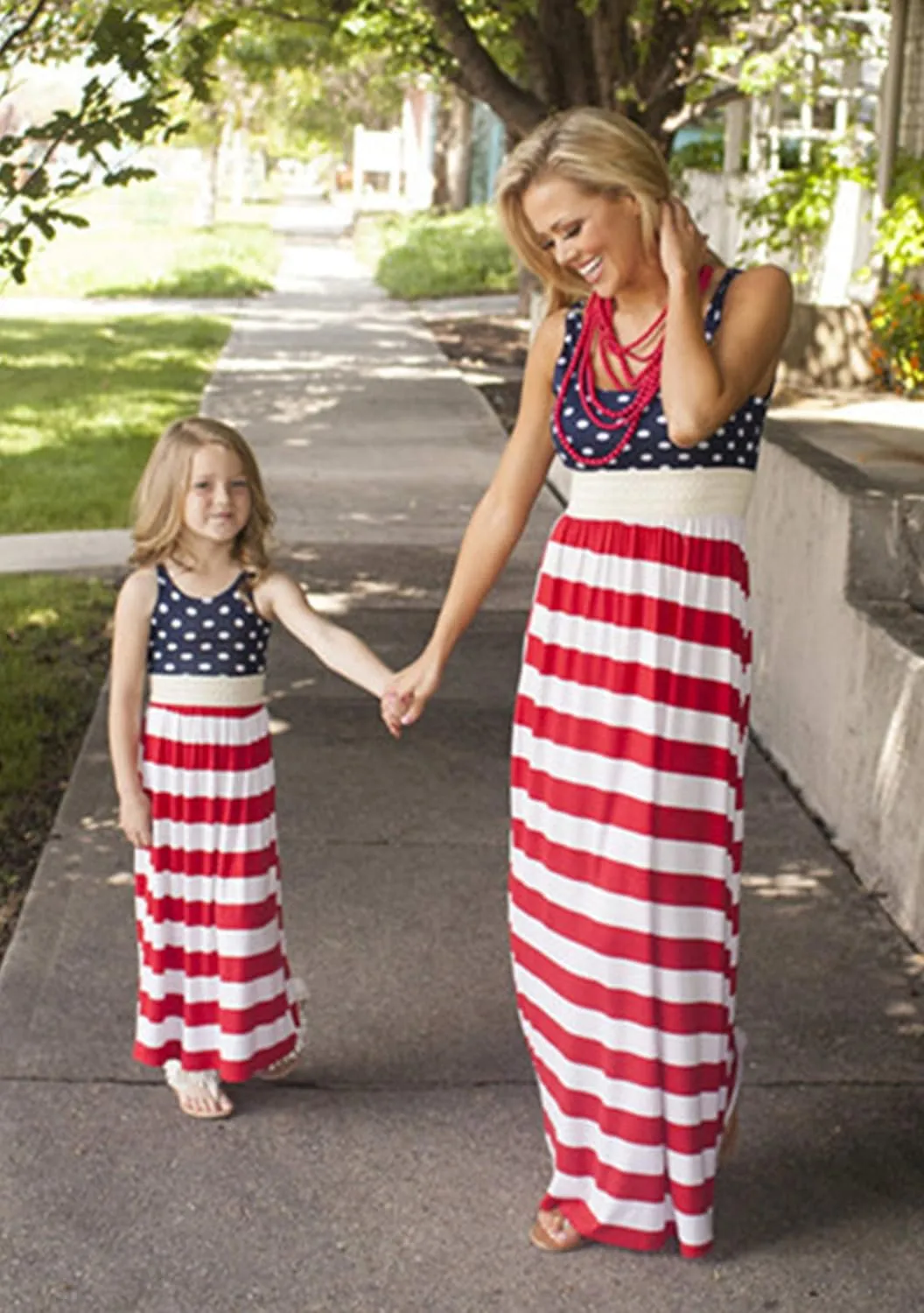 WIWIQS Summer Cute Mommy and Me Boho Striped Chevron Maxi Dresses
