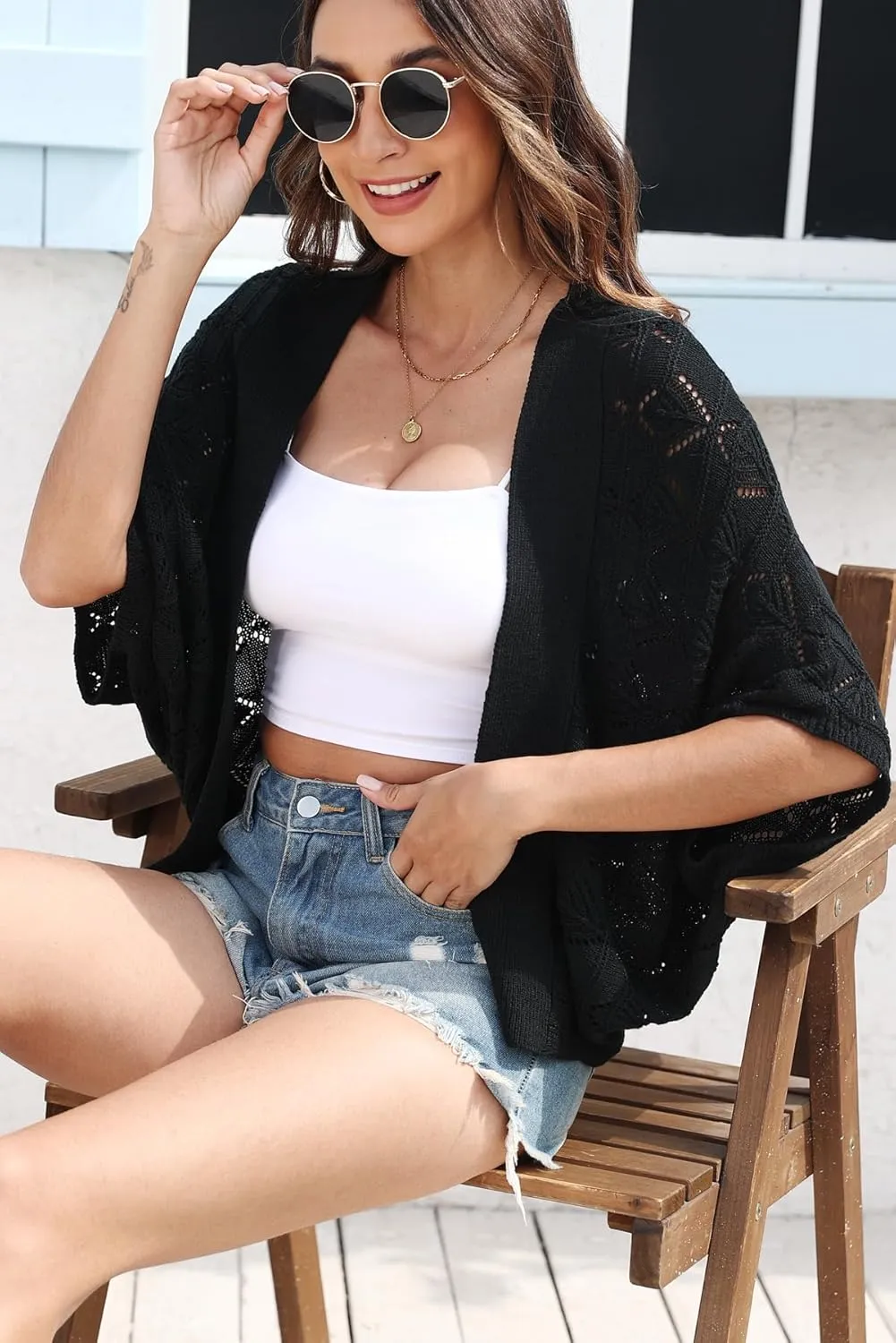 Women 2025 Batwing Hollow Out Open Front Summer Lightweight Sweater Crochet Cardigan