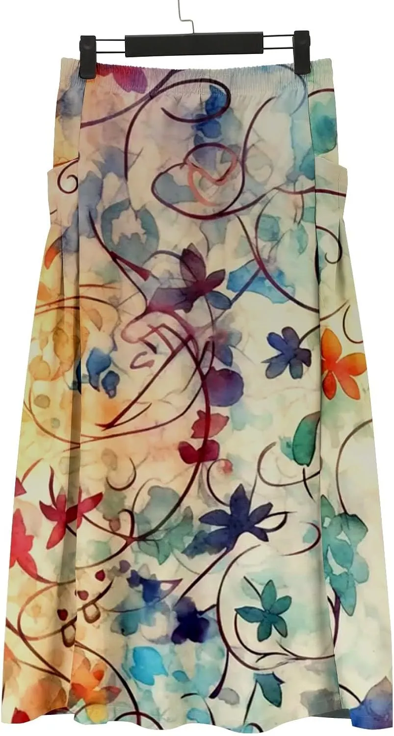 Women Casual Flowy Long Skirts Boho Floral Elastic High Waist Tiered Pleated Summer Maxi Beach Skirt
