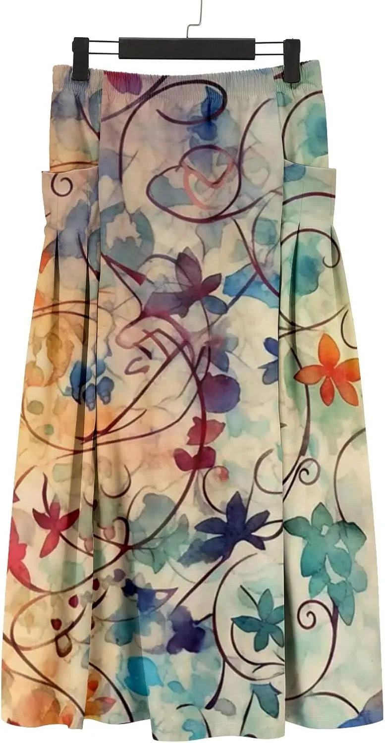 Women Casual Flowy Long Skirts Boho Floral Elastic High Waist Tiered Pleated Summer Maxi Beach Skirt