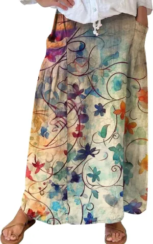 Women Casual Flowy Long Skirts Boho Floral Elastic High Waist Tiered Pleated Summer Maxi Beach Skirt