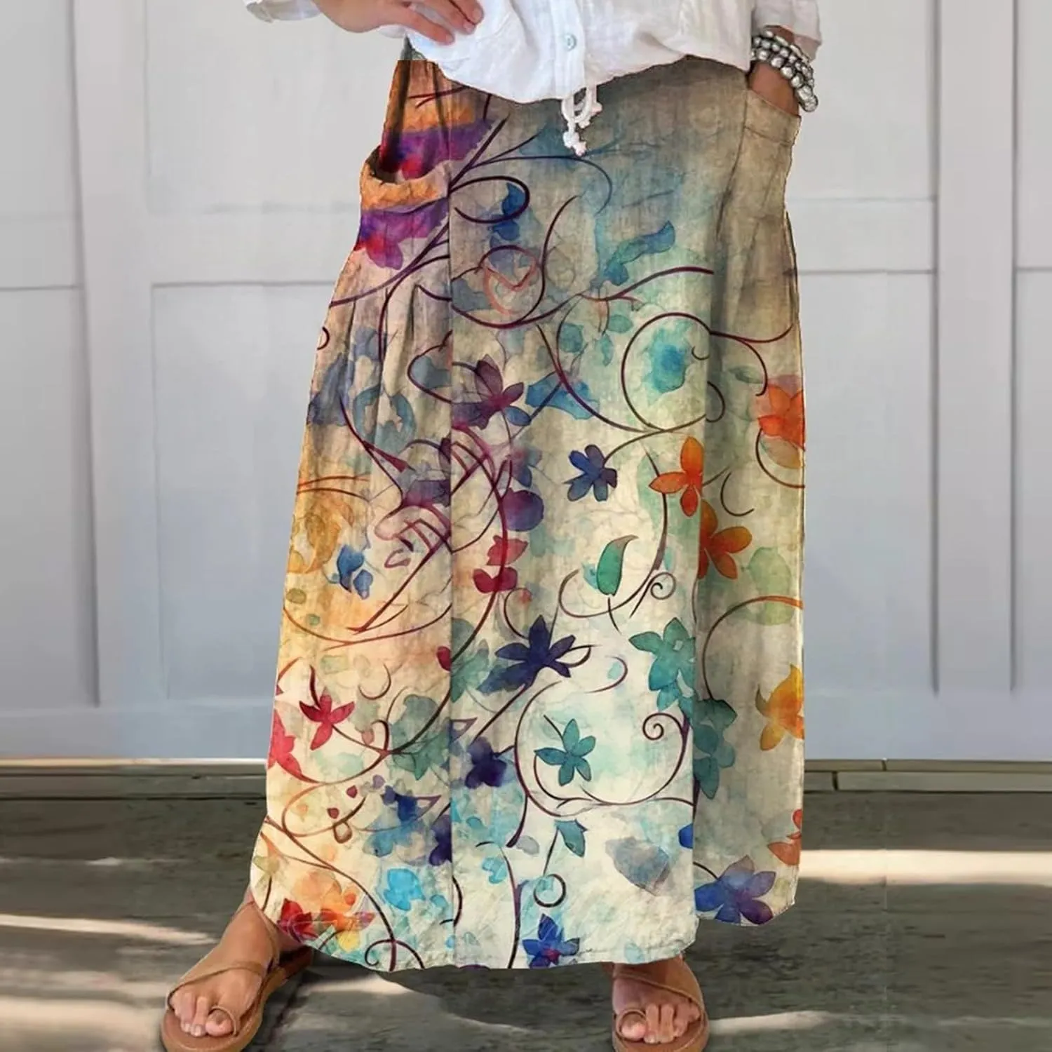 Women Casual Flowy Long Skirts Boho Floral Elastic High Waist Tiered Pleated Summer Maxi Beach Skirt
