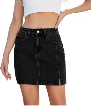 Women Denim Mini Skirts Stretch Low Waisted Zipper Button Split Hem Casual Summer Shift Jean Skirt with Pockets