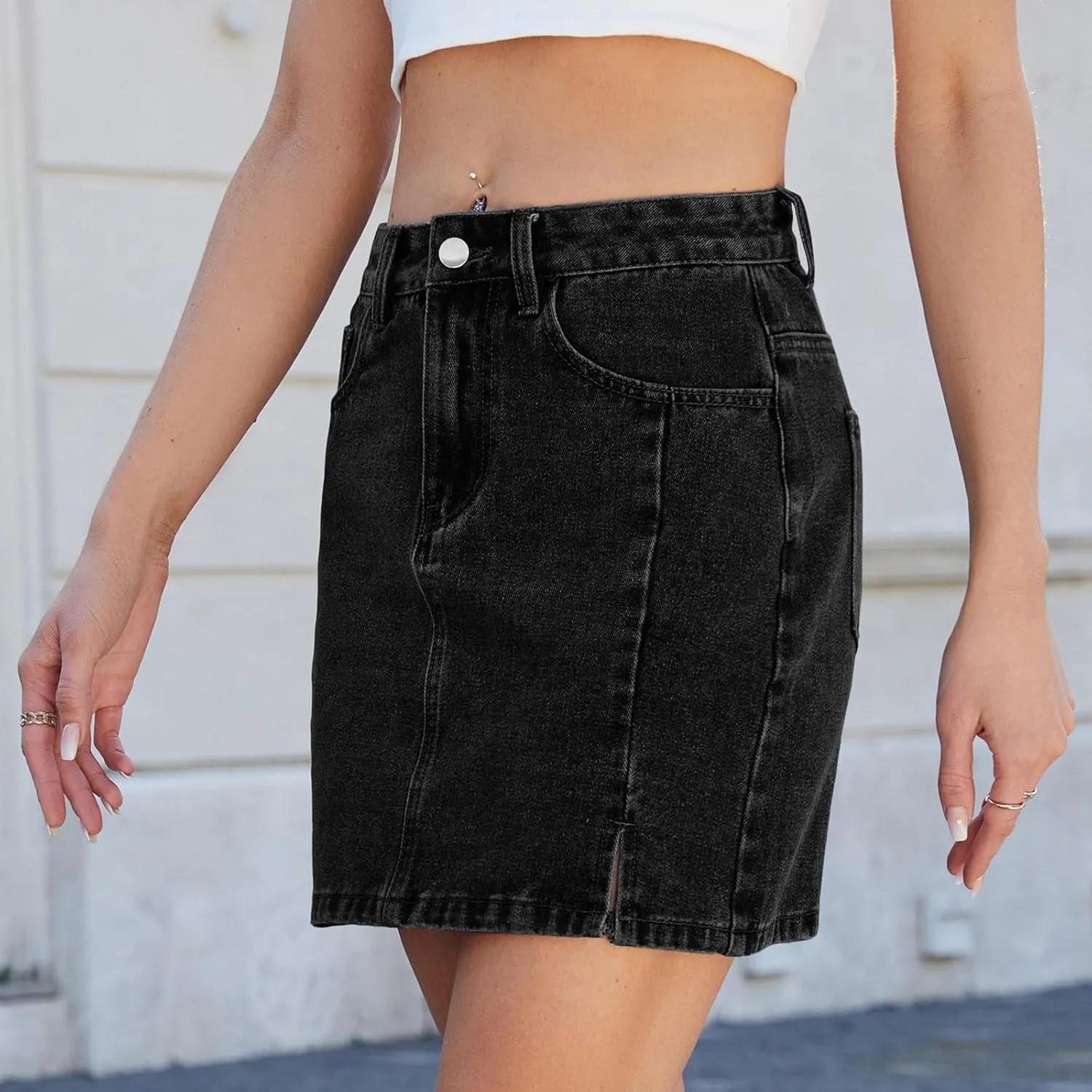 Women Denim Mini Skirts Stretch Low Waisted Zipper Button Split Hem Casual Summer Shift Jean Skirt with Pockets