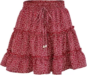 Women Elastic Waist Mini Skirts Floral Printed Pleated Ruffle Hem Flowy A Line Skirt Beach Vacation Skorts