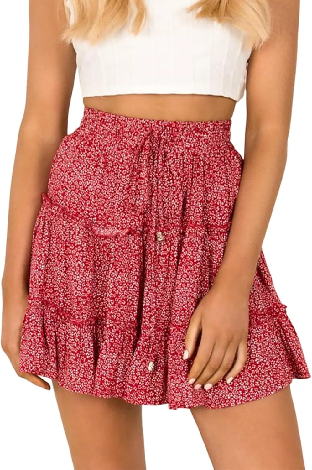 Women Elastic Waist Mini Skirts Floral Printed Pleated Ruffle Hem Flowy A Line Skirt Beach Vacation Skorts