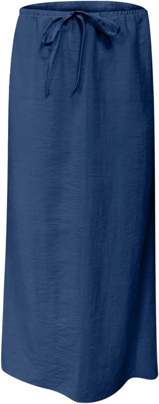 Women Faux Cotton Linen Maxi Skirts Trendy Elastic Waist Drawstring Tie-up Plain Comfy Summer A Line Long Skirt