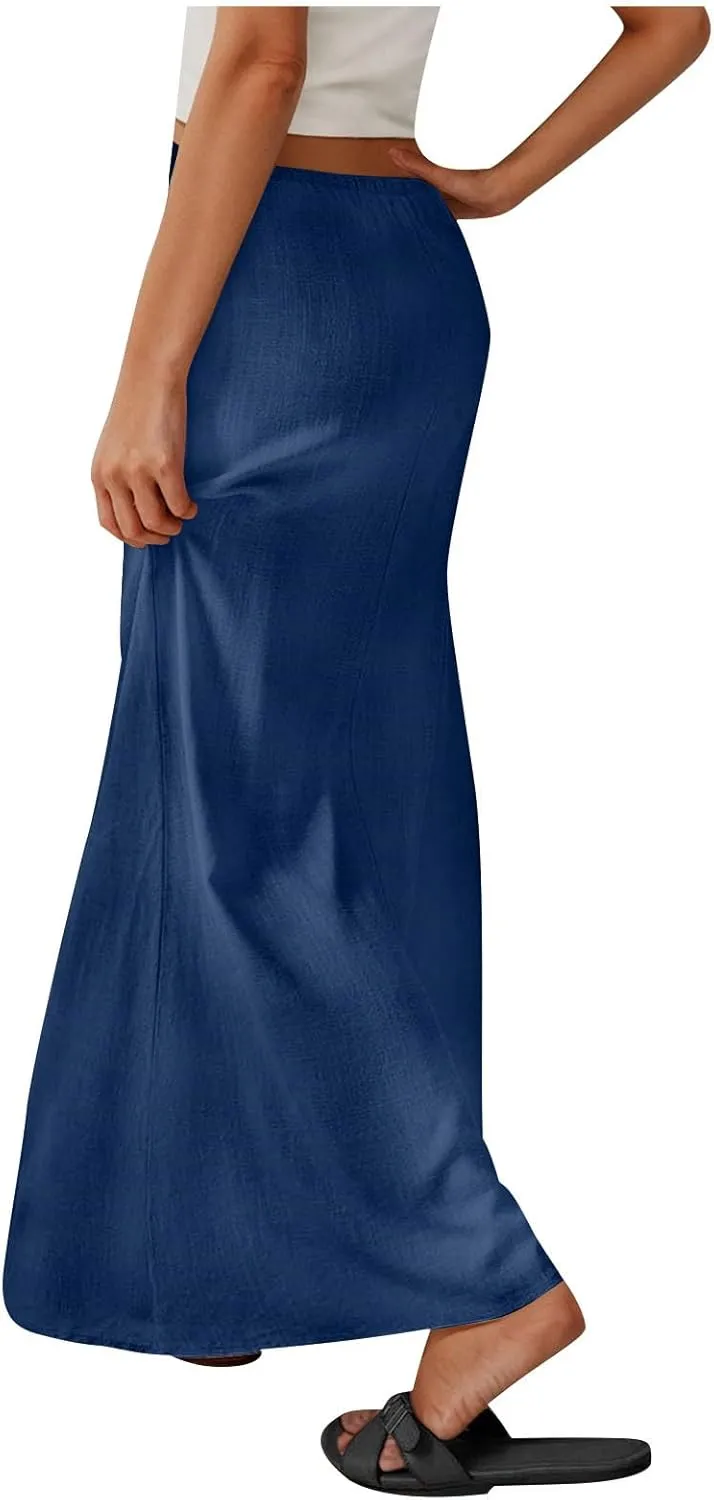 Women Faux Cotton Linen Maxi Skirts Trendy Elastic Waist Drawstring Tie-up Plain Comfy Summer A Line Long Skirt