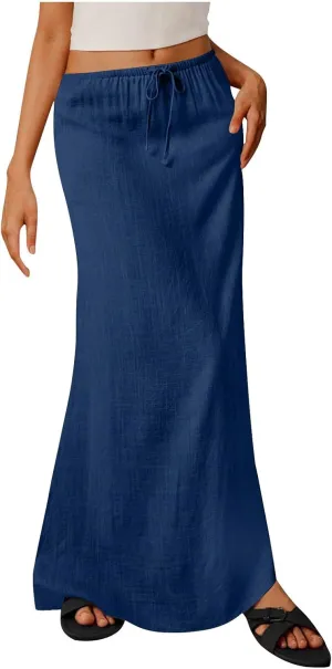 Women Faux Cotton Linen Maxi Skirts Trendy Elastic Waist Drawstring Tie-up Plain Comfy Summer A Line Long Skirt