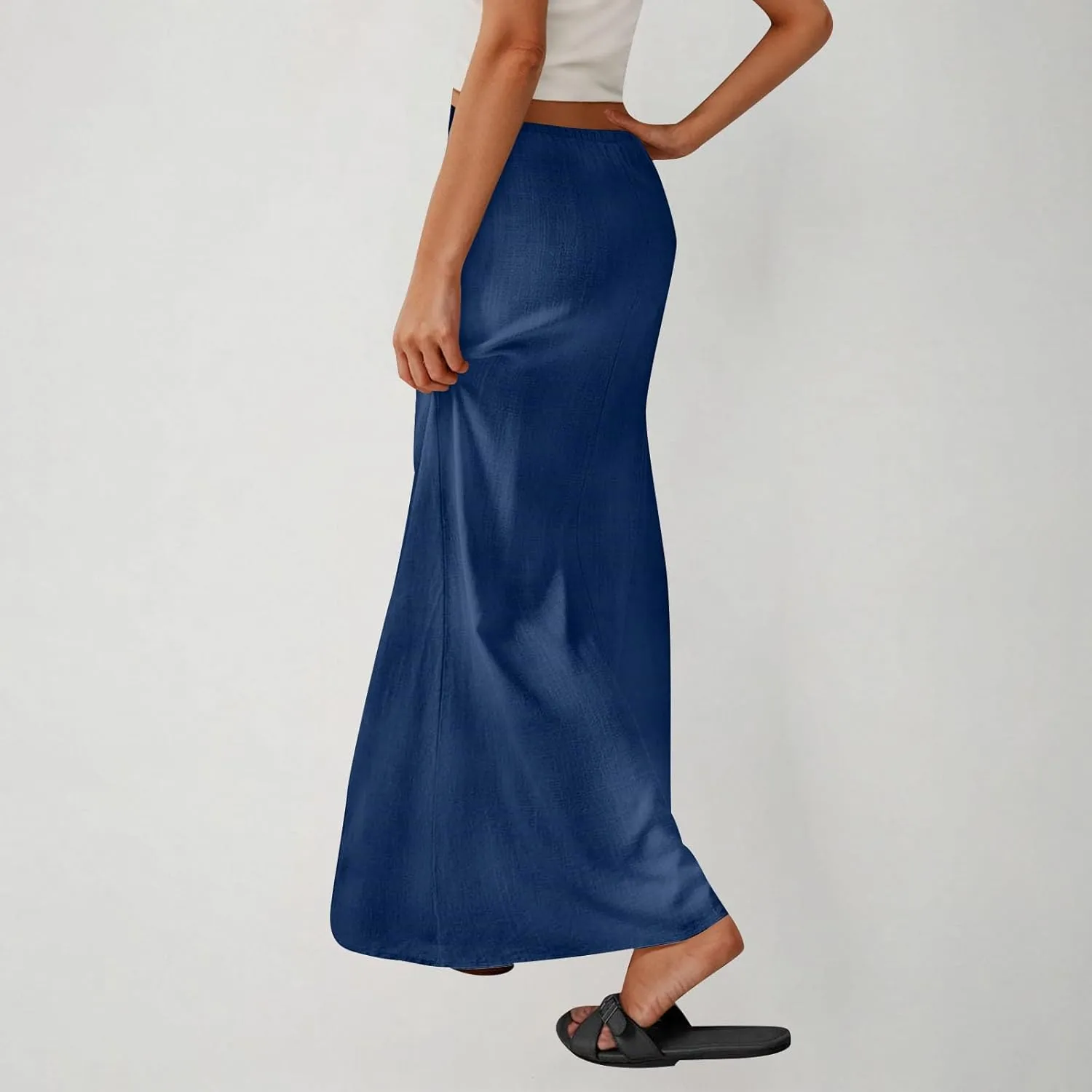 Women Faux Cotton Linen Maxi Skirts Trendy Elastic Waist Drawstring Tie-up Plain Comfy Summer A Line Long Skirt