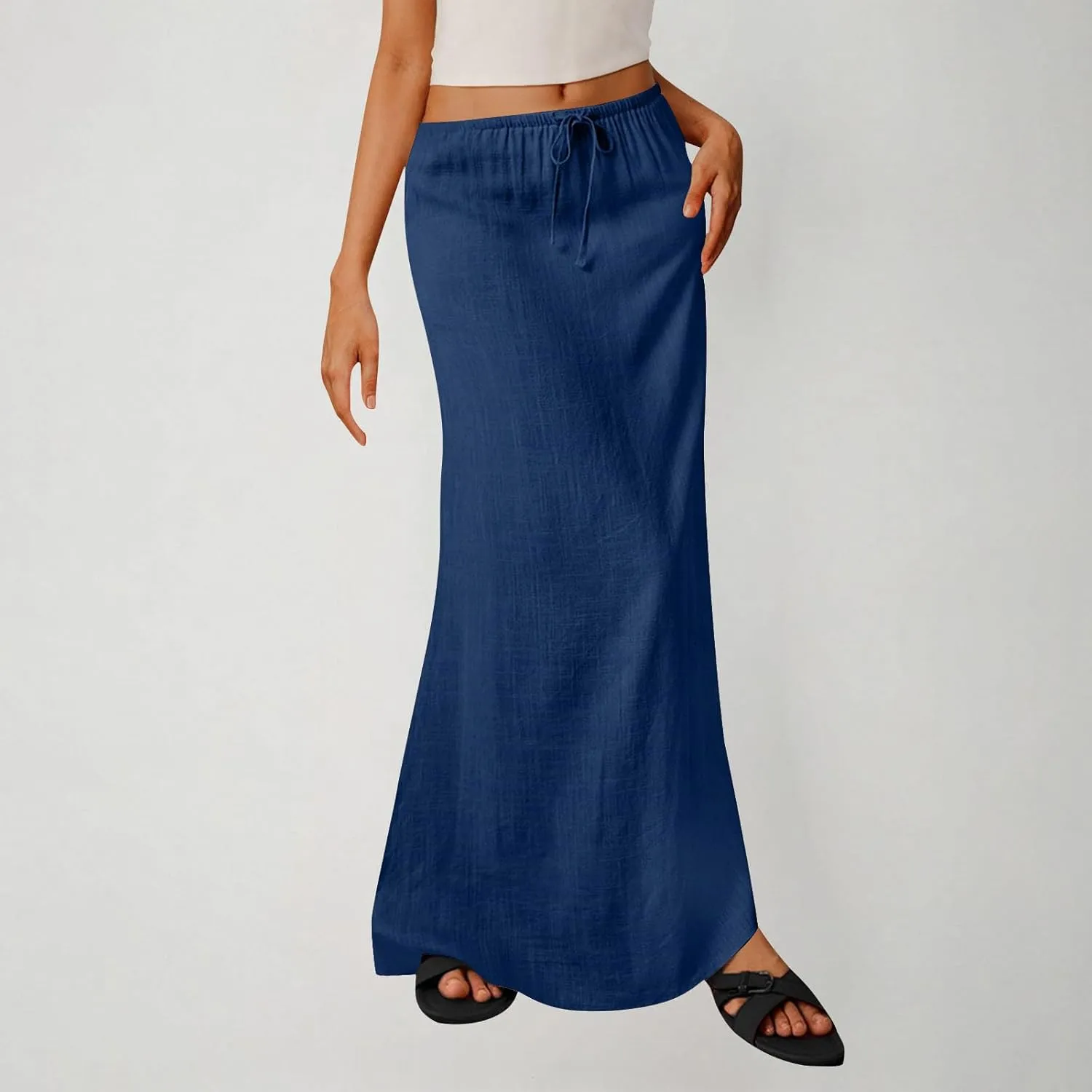 Women Faux Cotton Linen Maxi Skirts Trendy Elastic Waist Drawstring Tie-up Plain Comfy Summer A Line Long Skirt