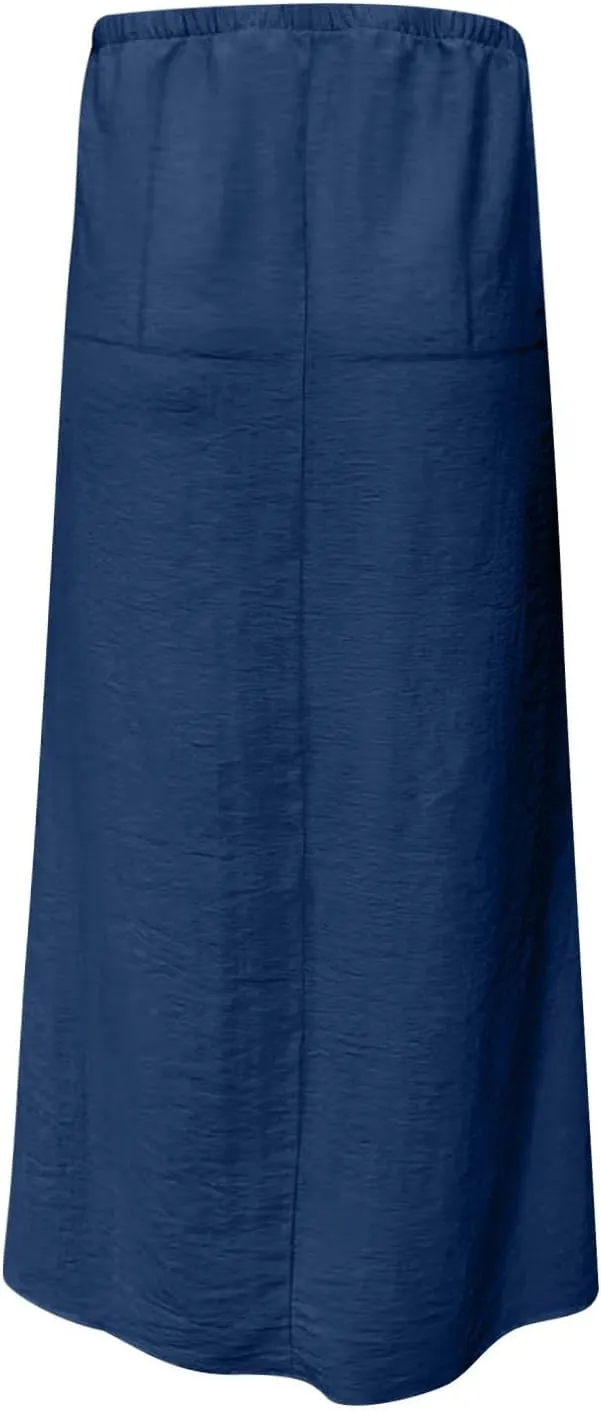 Women Faux Cotton Linen Maxi Skirts Trendy Elastic Waist Drawstring Tie-up Plain Comfy Summer A Line Long Skirt