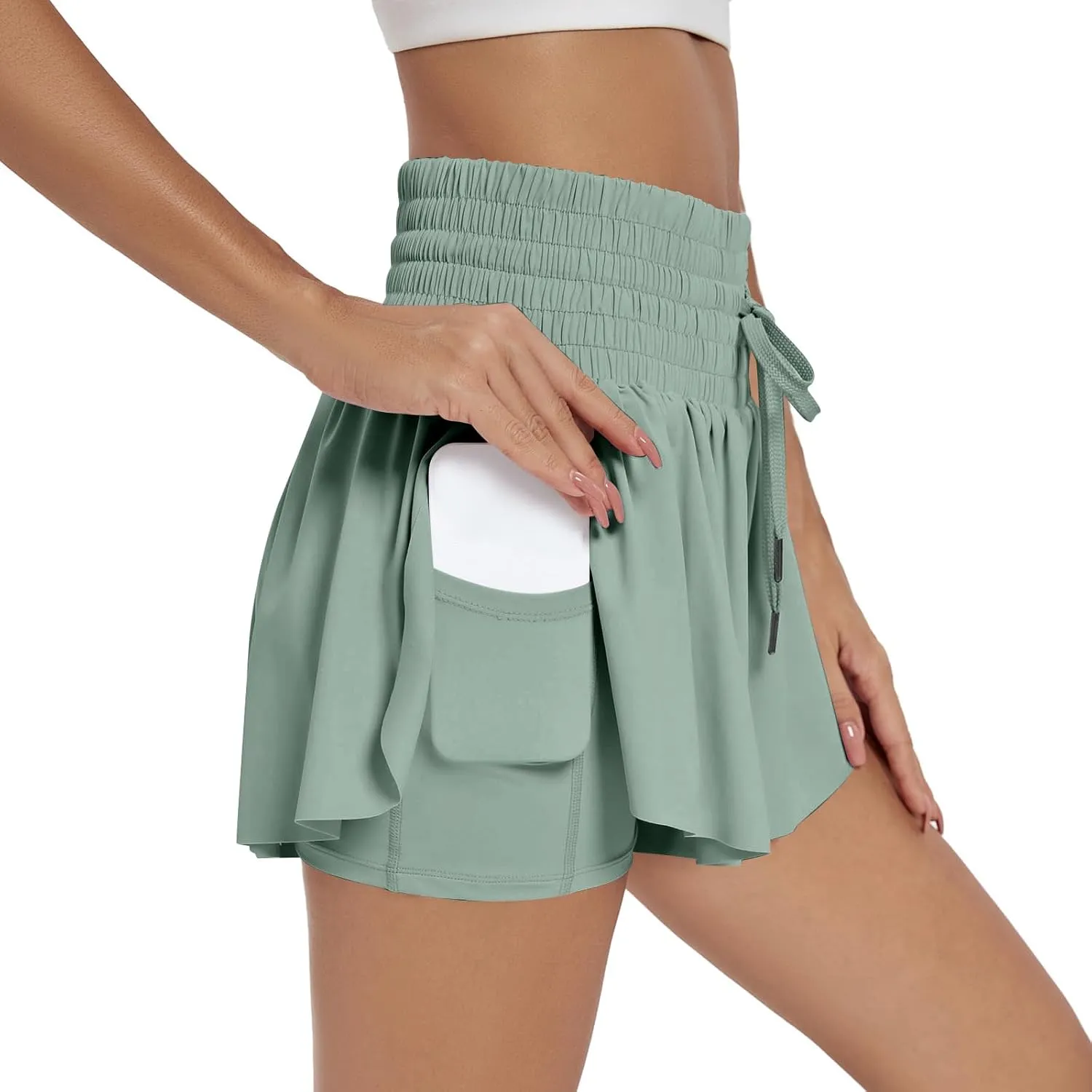 Women Flowy Athletic Shorts 2 in 1 Running Shorts with Pocket High Waisted Butterfly Shorts Workout Tennis Shorts