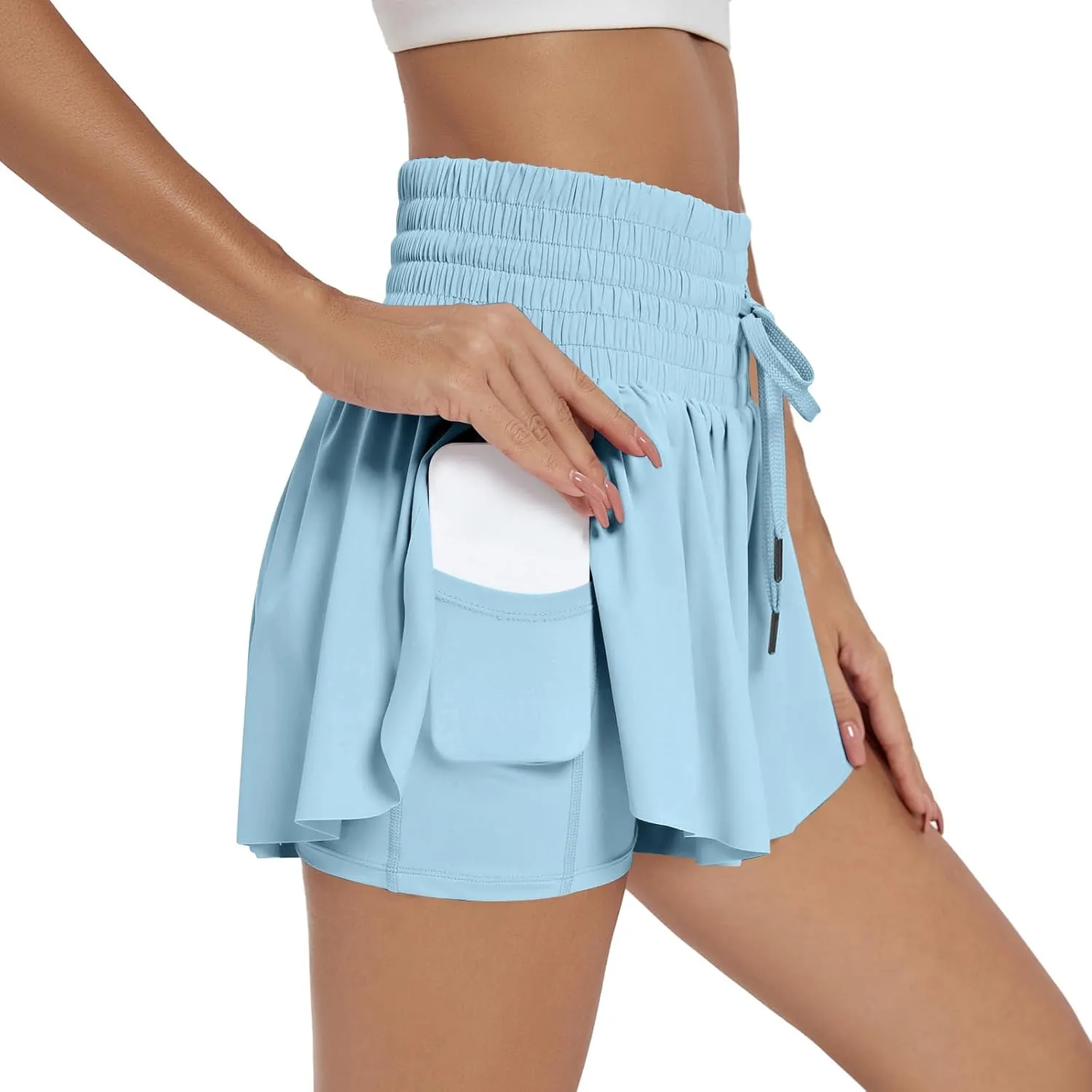 Women Flowy Athletic Shorts 2 in 1 Running Shorts with Pocket High Waisted Butterfly Shorts Workout Tennis Shorts