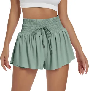 Women Flowy Athletic Shorts 2 in 1 Running Shorts with Pocket High Waisted Butterfly Shorts Workout Tennis Shorts