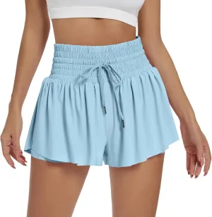 Women Flowy Athletic Shorts 2 in 1 Running Shorts with Pocket High Waisted Butterfly Shorts Workout Tennis Shorts