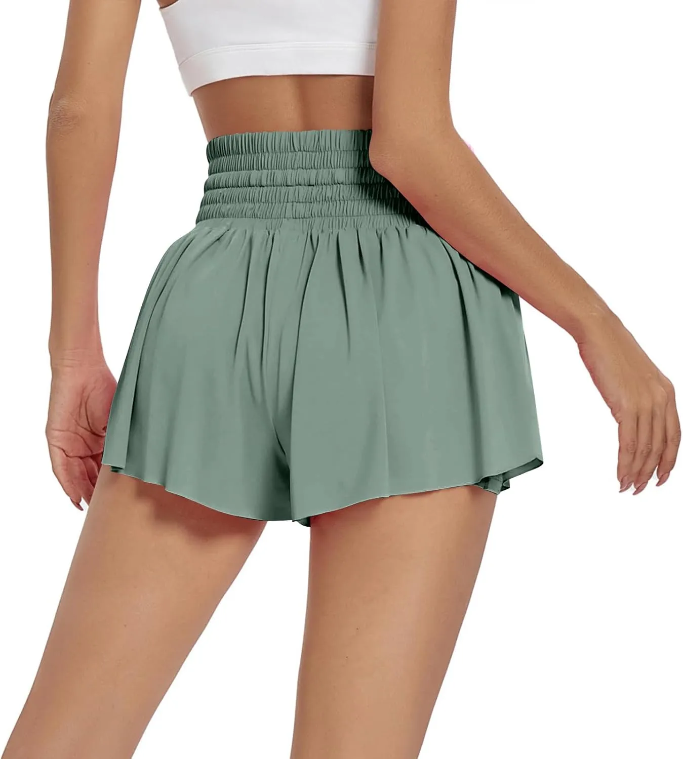 Women Flowy Athletic Shorts 2 in 1 Running Shorts with Pocket High Waisted Butterfly Shorts Workout Tennis Shorts