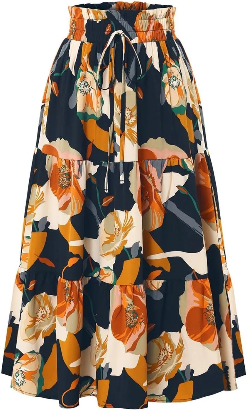 Women Flowy Long Boho Floral Maxi Skirt Elastic High Waist Tiered Pleated Summer Casual Beach Skirt
