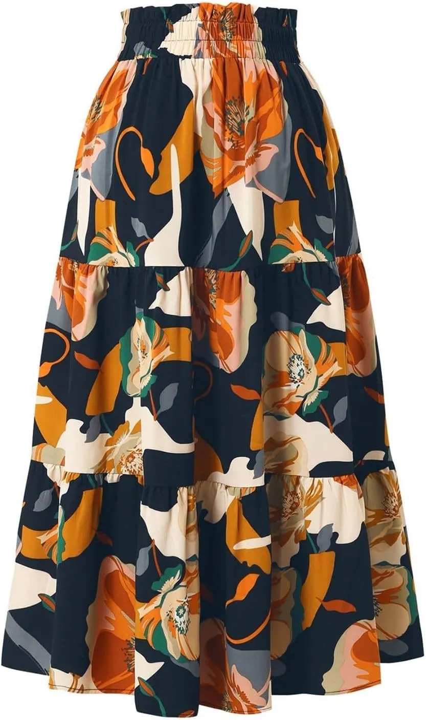 Women Flowy Long Boho Floral Maxi Skirt Elastic High Waist Tiered Pleated Summer Casual Beach Skirt