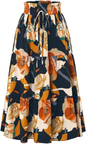 Women Flowy Long Boho Floral Maxi Skirt Elastic High Waist Tiered Pleated Summer Casual Beach Skirt