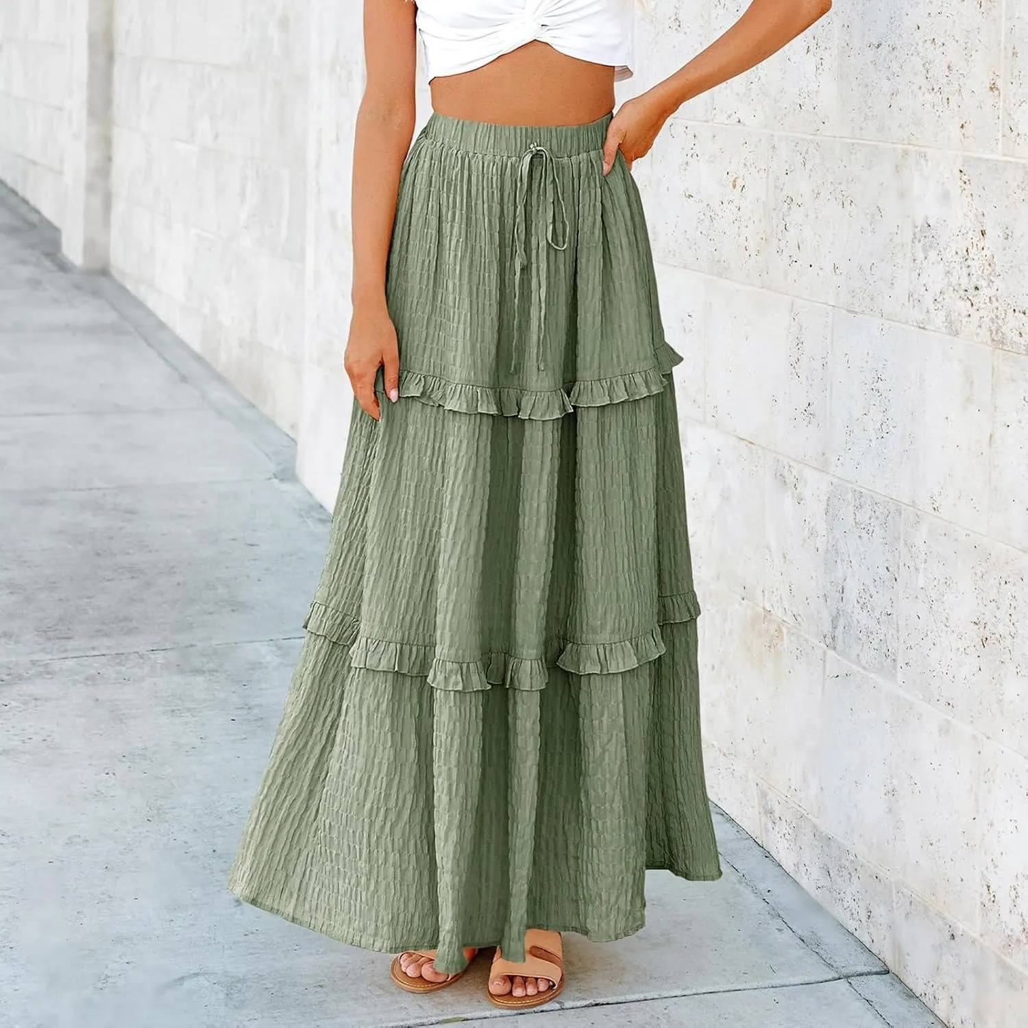 Women Flowy Maxi Skirt Boho Elastic Waist Pleated A-Line Long Skirts Ruffle Summer Beach Skirt with Drawstring