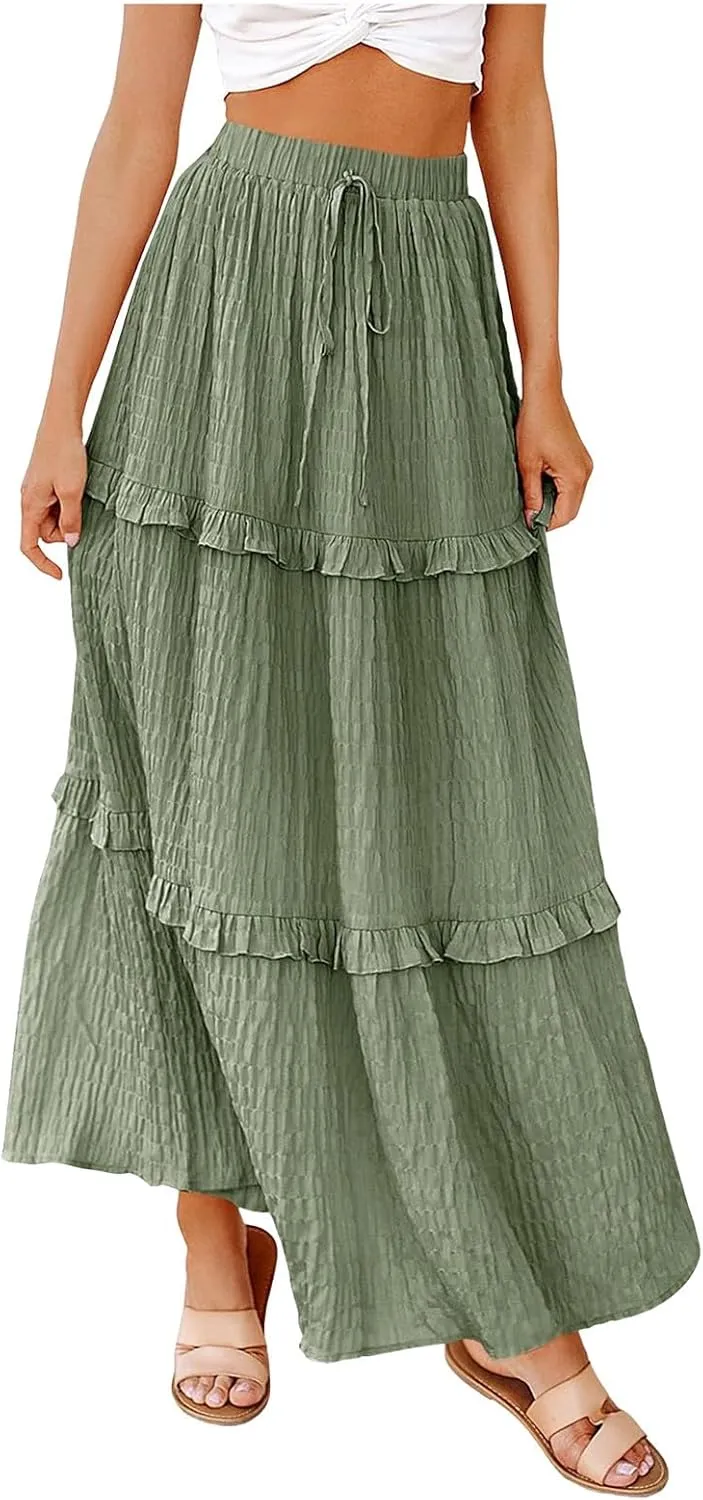 Women Flowy Maxi Skirt Boho Elastic Waist Pleated A-Line Long Skirts Ruffle Summer Beach Skirt with Drawstring