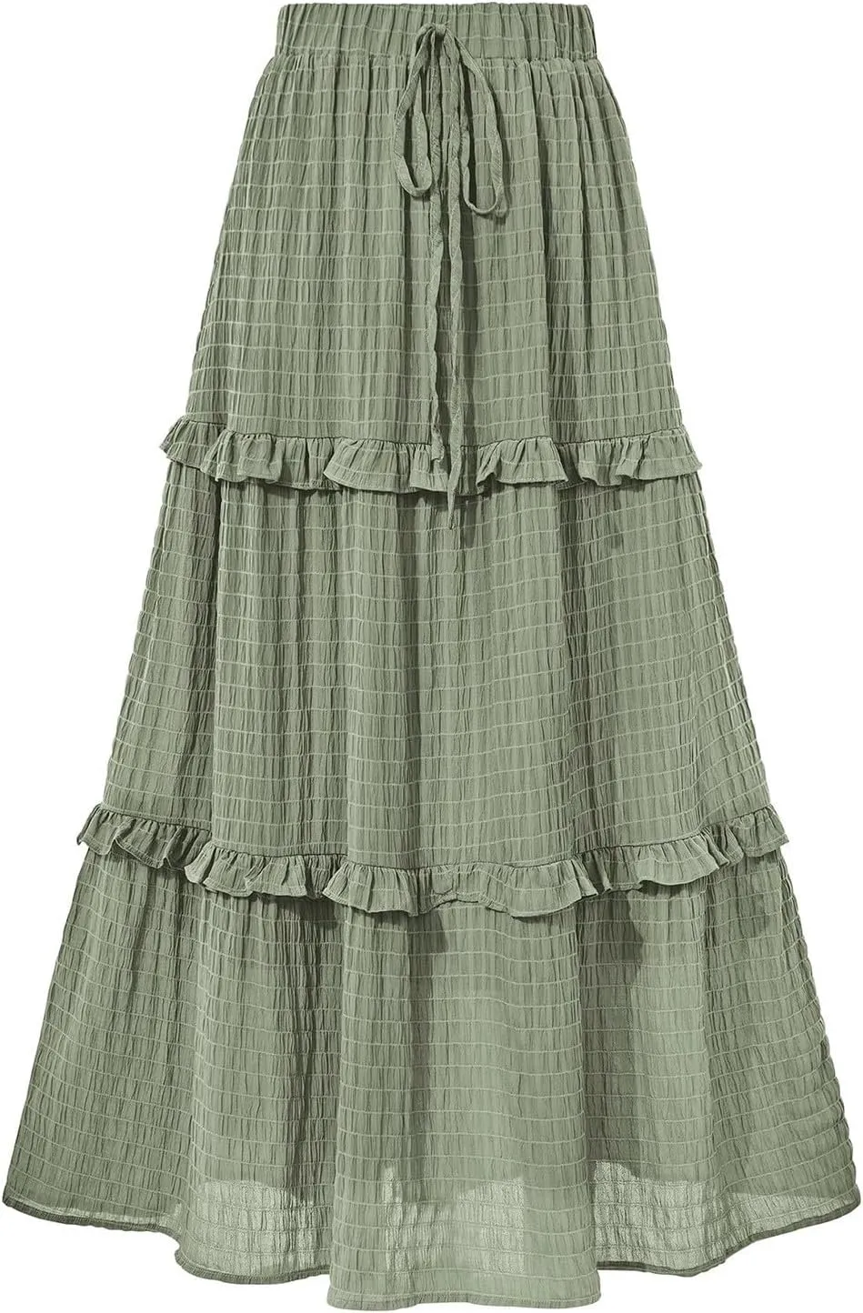 Women Flowy Maxi Skirt Boho Elastic Waist Pleated A-Line Long Skirts Ruffle Summer Beach Skirt with Drawstring