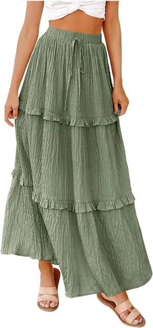 Women Flowy Maxi Skirt Boho Elastic Waist Pleated A-Line Long Skirts Ruffle Summer Beach Skirt with Drawstring
