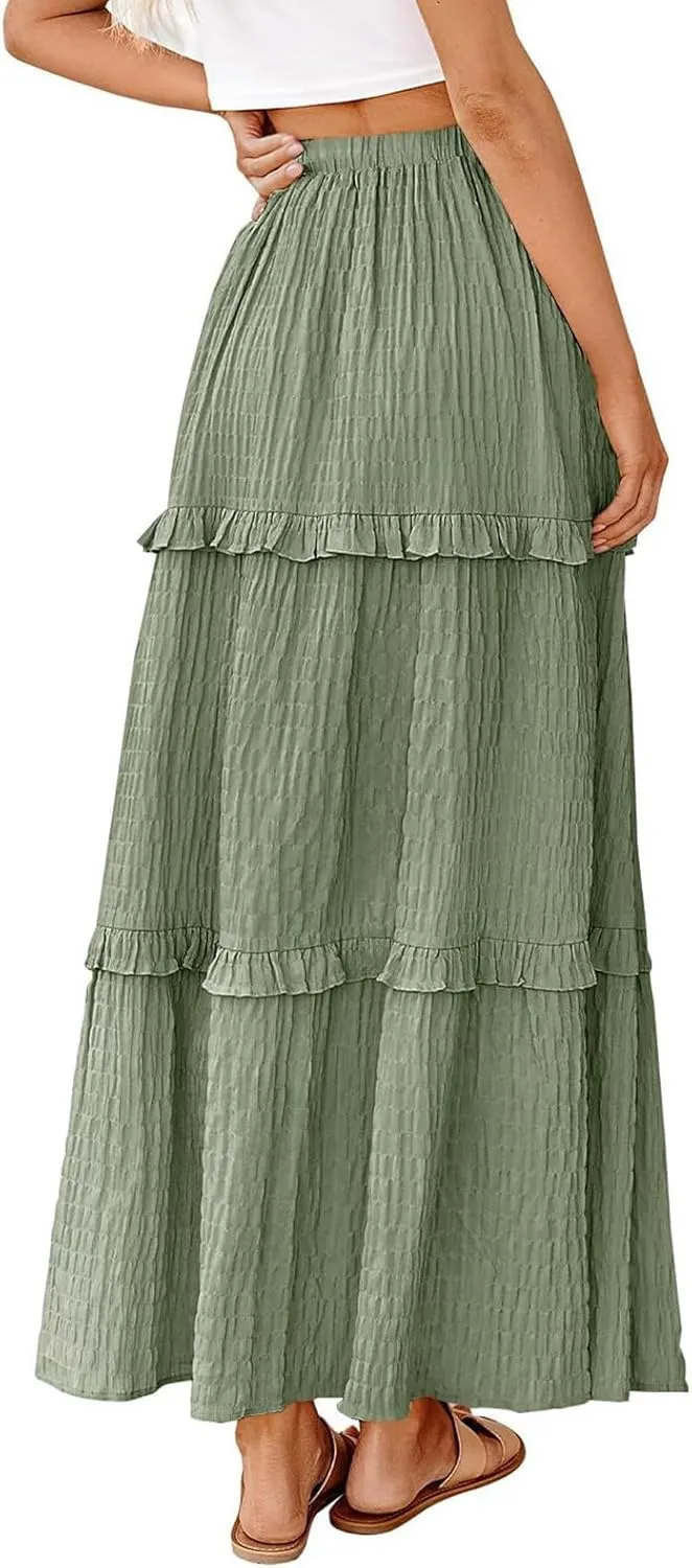 Women Flowy Maxi Skirt Boho Elastic Waist Pleated A-Line Long Skirts Ruffle Summer Beach Skirt with Drawstring