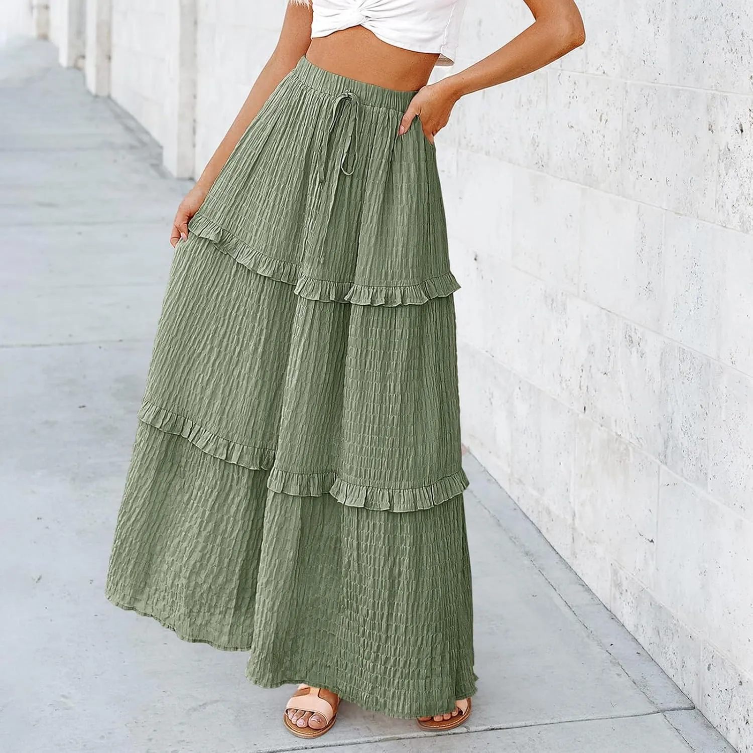 Women Flowy Maxi Skirt Boho Elastic Waist Pleated A-Line Long Skirts Ruffle Summer Beach Skirt with Drawstring