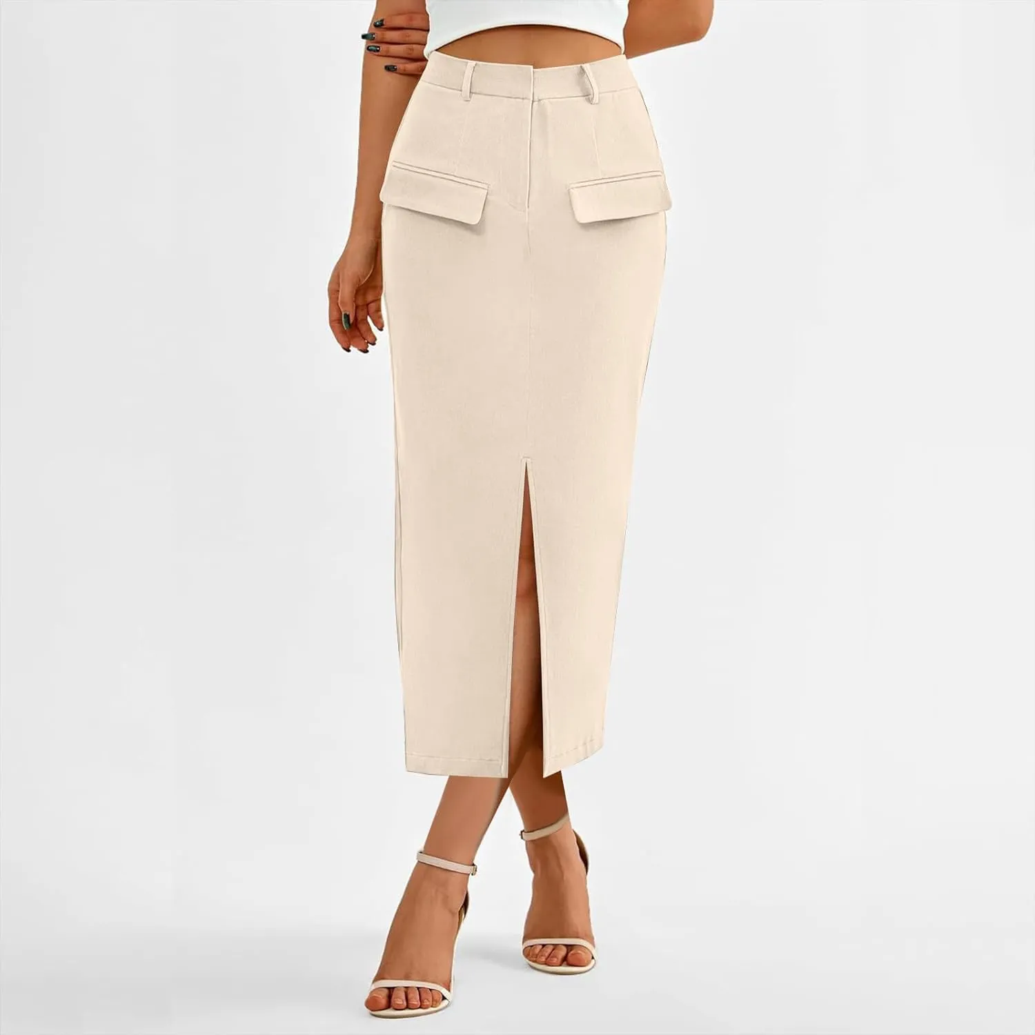 Women High Waisted Cargo Midi Skirt Trendy Spring Summer Pencil Slit Dressy Casual Business Work Long Skirts Y2k Ruched Skirt
