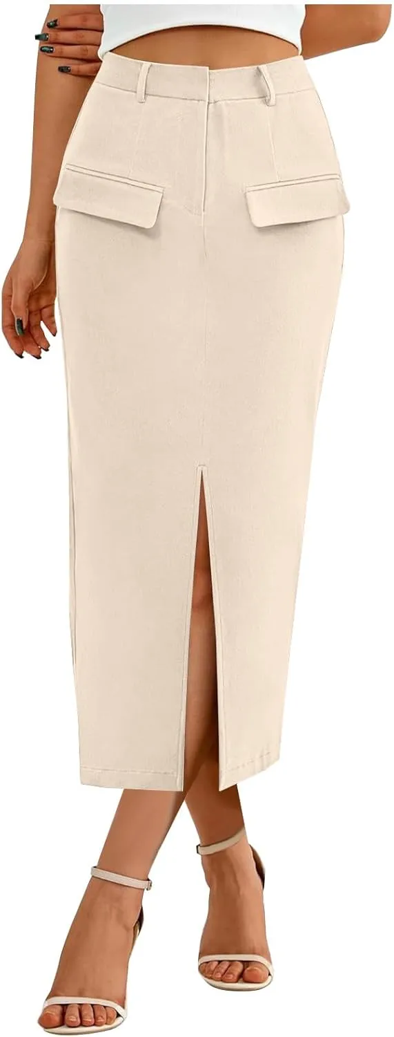 Women High Waisted Cargo Midi Skirt Trendy Spring Summer Pencil Slit Dressy Casual Business Work Long Skirts Y2k Ruched Skirt