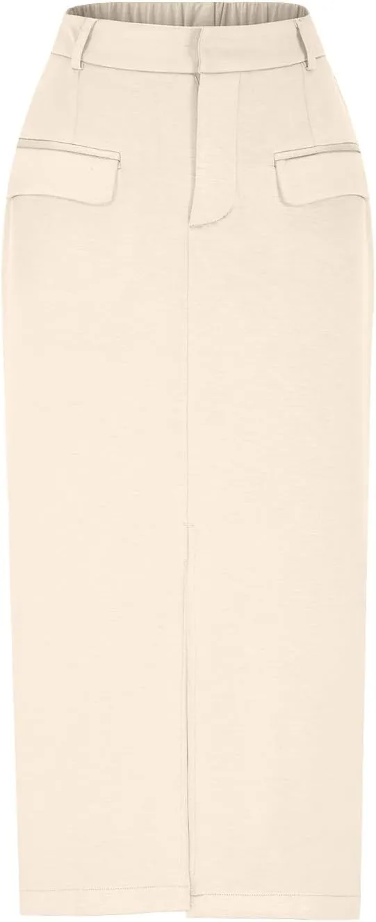 Women High Waisted Cargo Midi Skirt Trendy Spring Summer Pencil Slit Dressy Casual Business Work Long Skirts Y2k Ruched Skirt