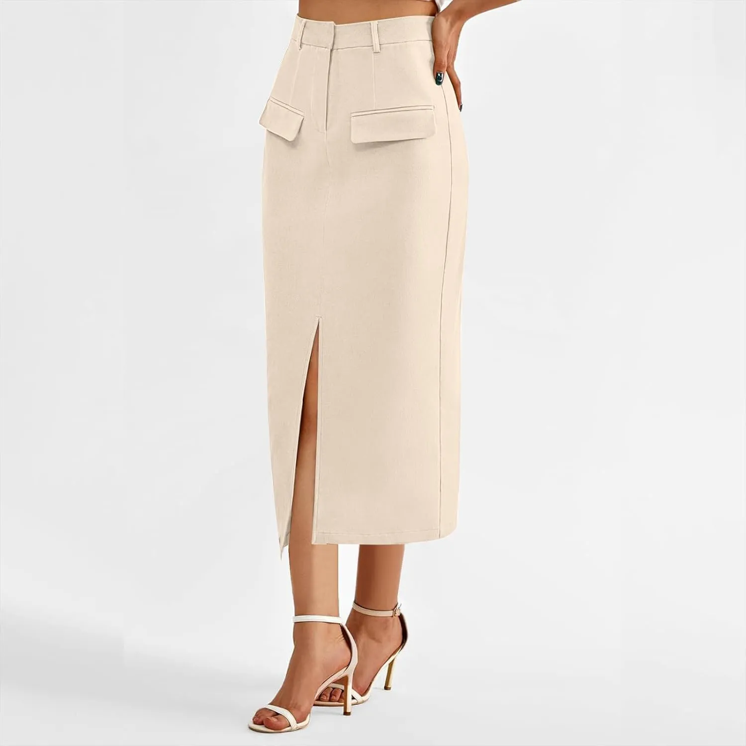 Women High Waisted Cargo Midi Skirt Trendy Spring Summer Pencil Slit Dressy Casual Business Work Long Skirts Y2k Ruched Skirt
