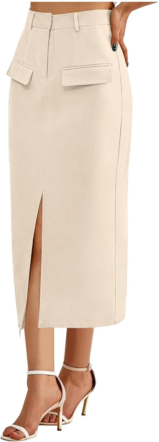 Women High Waisted Cargo Midi Skirt Trendy Spring Summer Pencil Slit Dressy Casual Business Work Long Skirts Y2k Ruched Skirt