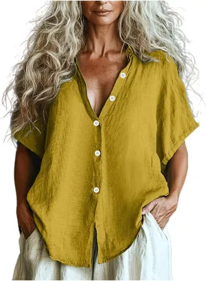 Women Linen Button Down Short Sleeve Lapel Collar Blouse Ladies Summer Casual Dressy V Neck Beach Cotton Shirt Tops