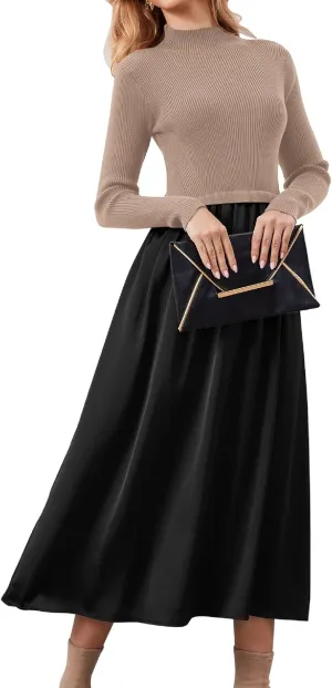 Women Long Sleeve Sweater Maxi Dress Patchwork Slim Fit Flowy Long Dresses Casual A-Line Knit High Neck Dress Fall