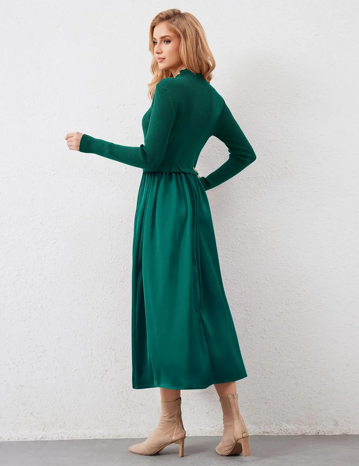 Women Long Sleeve Sweater Maxi Dress Patchwork Slim Fit Flowy Long Dresses Casual A-Line Knit High Neck Dress Fall