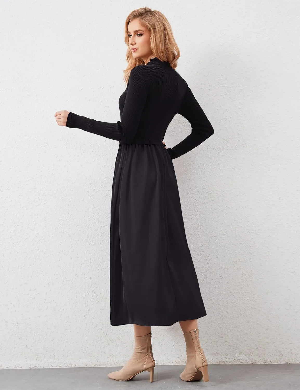 Women Long Sleeve Sweater Maxi Dress Patchwork Slim Fit Flowy Long Dresses Casual A-Line Knit High Neck Dress Fall