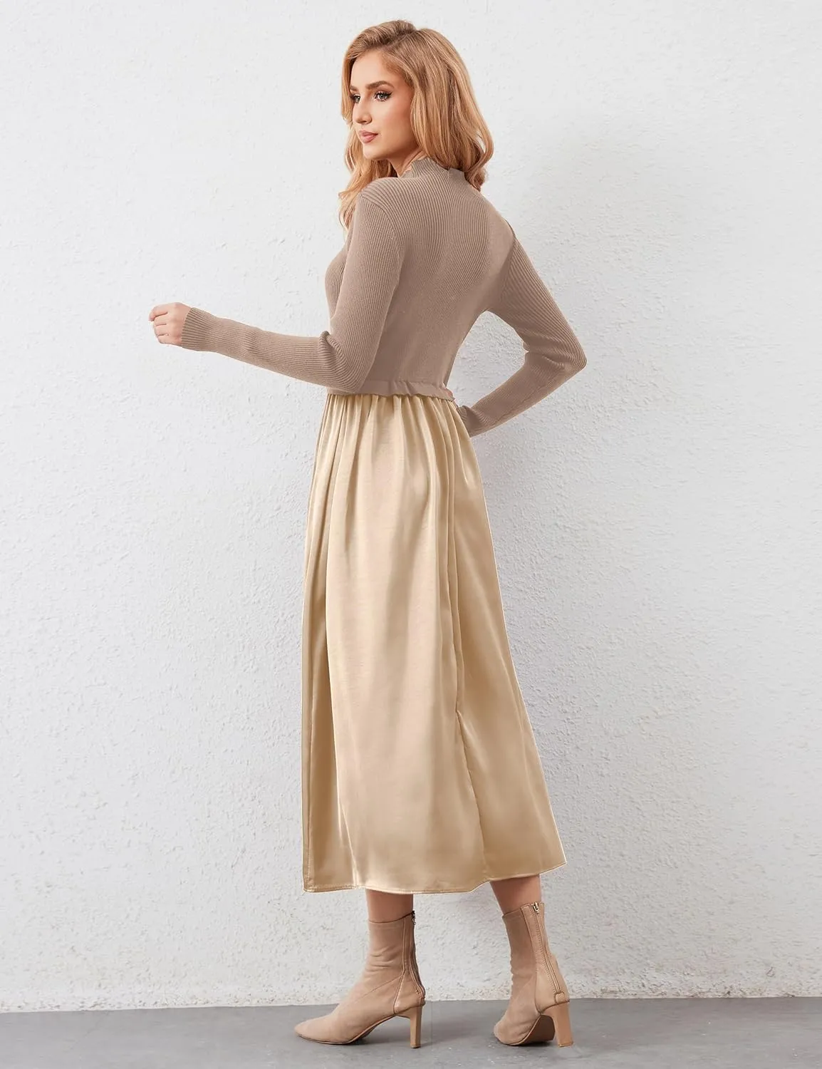Women Long Sleeve Sweater Maxi Dress Patchwork Slim Fit Flowy Long Dresses Casual A-Line Knit High Neck Dress Fall