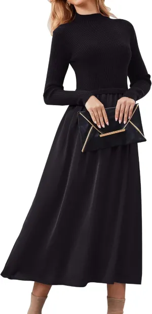 Women Long Sleeve Sweater Maxi Dress Patchwork Slim Fit Flowy Long Dresses Casual A-Line Knit High Neck Dress Fall