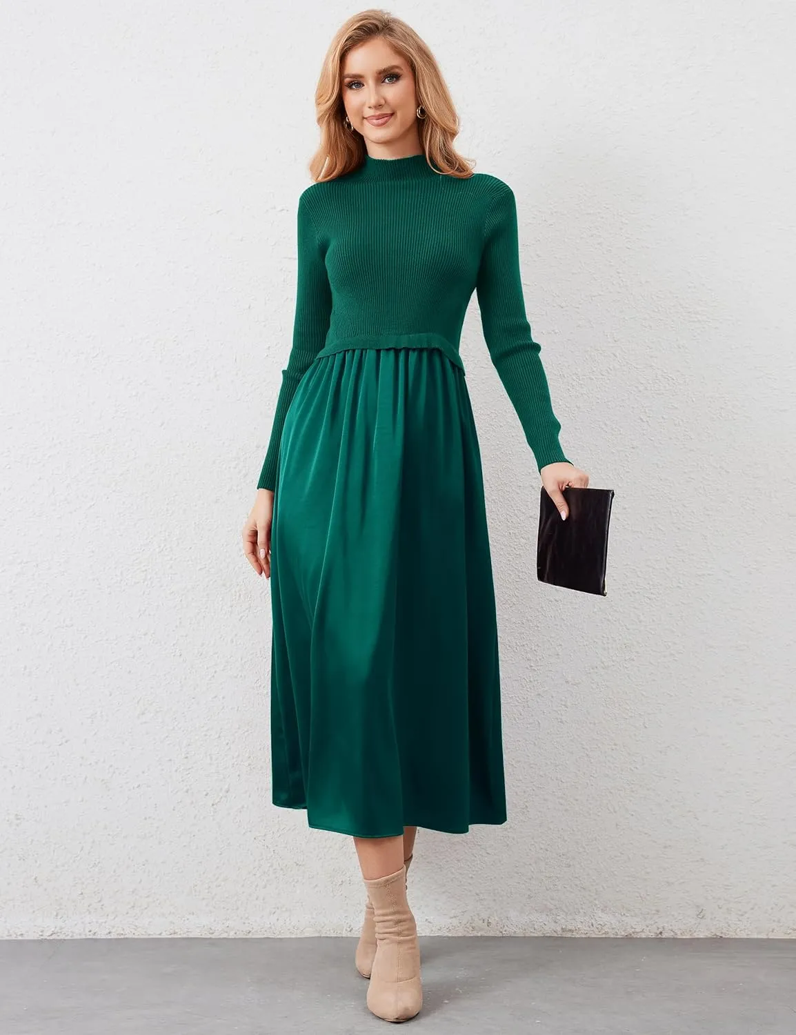 Women Long Sleeve Sweater Maxi Dress Patchwork Slim Fit Flowy Long Dresses Casual A-Line Knit High Neck Dress Fall