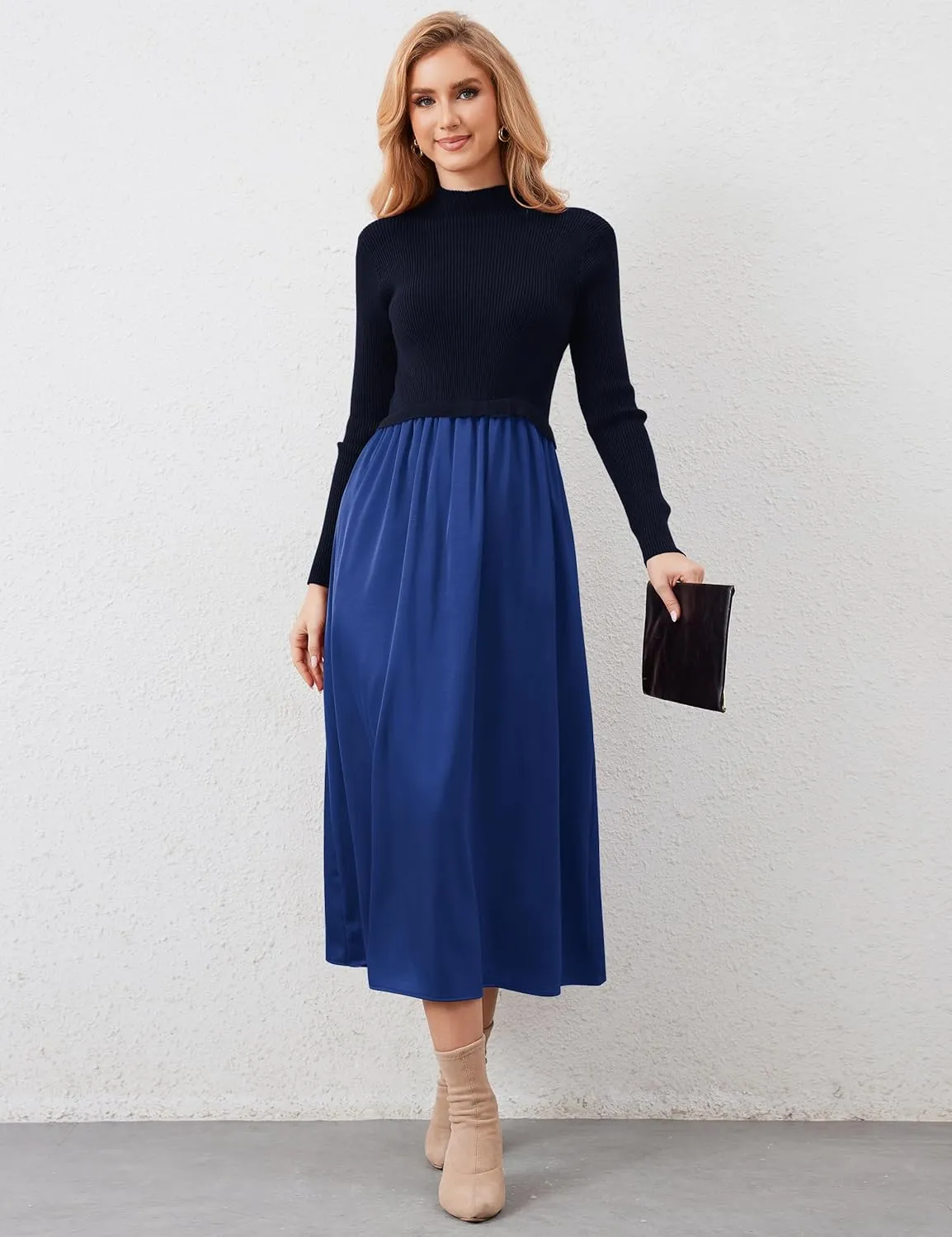 Women Long Sleeve Sweater Maxi Dress Patchwork Slim Fit Flowy Long Dresses Casual A-Line Knit High Neck Dress Fall