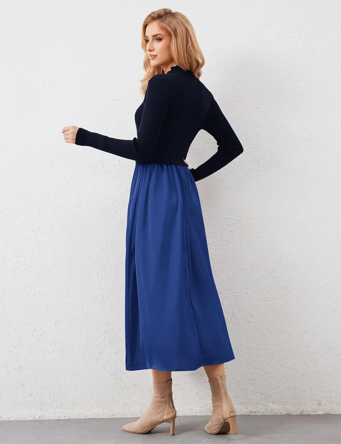 Women Long Sleeve Sweater Maxi Dress Patchwork Slim Fit Flowy Long Dresses Casual A-Line Knit High Neck Dress Fall