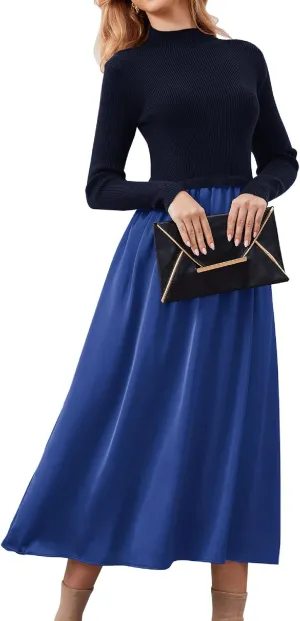 Women Long Sleeve Sweater Maxi Dress Patchwork Slim Fit Flowy Long Dresses Casual A-Line Knit High Neck Dress Fall